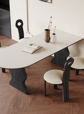 半圆长方形岩板餐桌家用2025新款涟漪岛台法式复古黑色实木餐桌