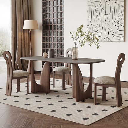 中古侘寂风实木餐桌现代简约轻奢胡桃色家用长方形白蜡木岩板餐桌