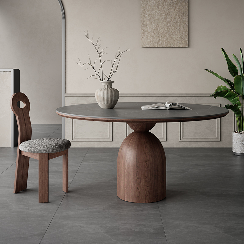 法式复古实木餐桌胡桃木色圆桌家用小户型饭桌侘寂风圆形岩板餐桌,住宅家具,岩板餐桌,淘宝优惠券,粉丝福利购,淘宝优惠卷