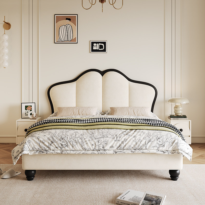 法式奶油风双人床现代简约实木主卧女生床白色猫爪牛奶绒布艺床
