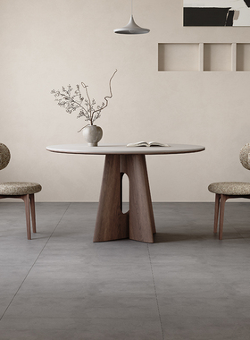 北欧岩板餐桌圆桌白色哑光现代简约小户型侘寂风胡桃色实木餐桌椅