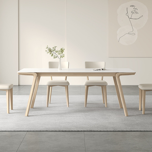原木奶油风岩板餐桌哑光纯白面家用简约北欧日式白蜡木轻舟餐桌椅
