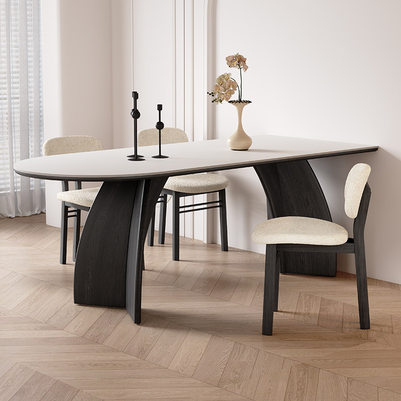 纯白岩板餐桌长方形靠墙半圆饭桌2026新款高端法式实木岩板餐桌