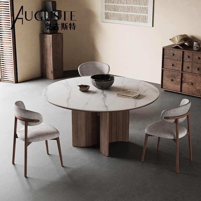 实木餐桌圆形带转盘家用2023新款高端全托意式极简亮光岩板圆桌