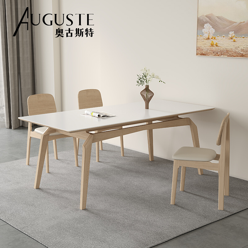 奶油风实木餐桌简约家用小户型白蜡木K意式极简纯白色岩板餐桌