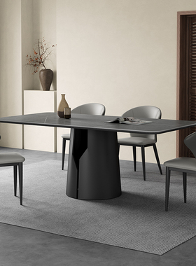 全托岩板餐桌现代简约高端长方形意式极简小户型灰色哑光岩板餐桌