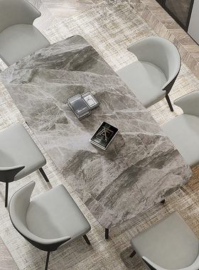 进口灰色亮光面岩板餐桌现代简约长方形意式轻奢小户型餐桌椅组合