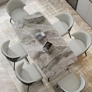 灰色岩板长方形意式风轻奢餐桌椅