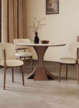 奥古斯特窈窕圆桌1米小户型家用圆形洽谈桌中古纯白岩板实木餐桌