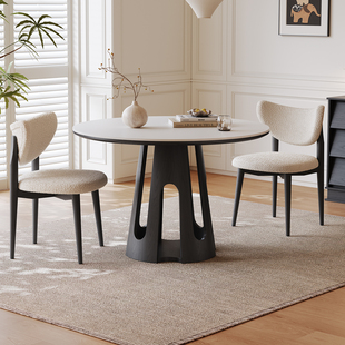 圆形岩板餐桌带转盘现代简约家用饭桌1.2米新款 复古黑色实木餐桌