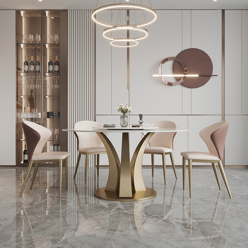 亮光岩板餐桌圆桌带转盘现代简约