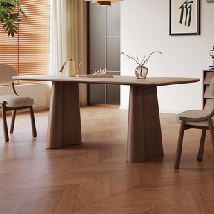 洞石岩板餐桌长方形中古风家用高端设计师款 胡桃木色实木岩板餐桌