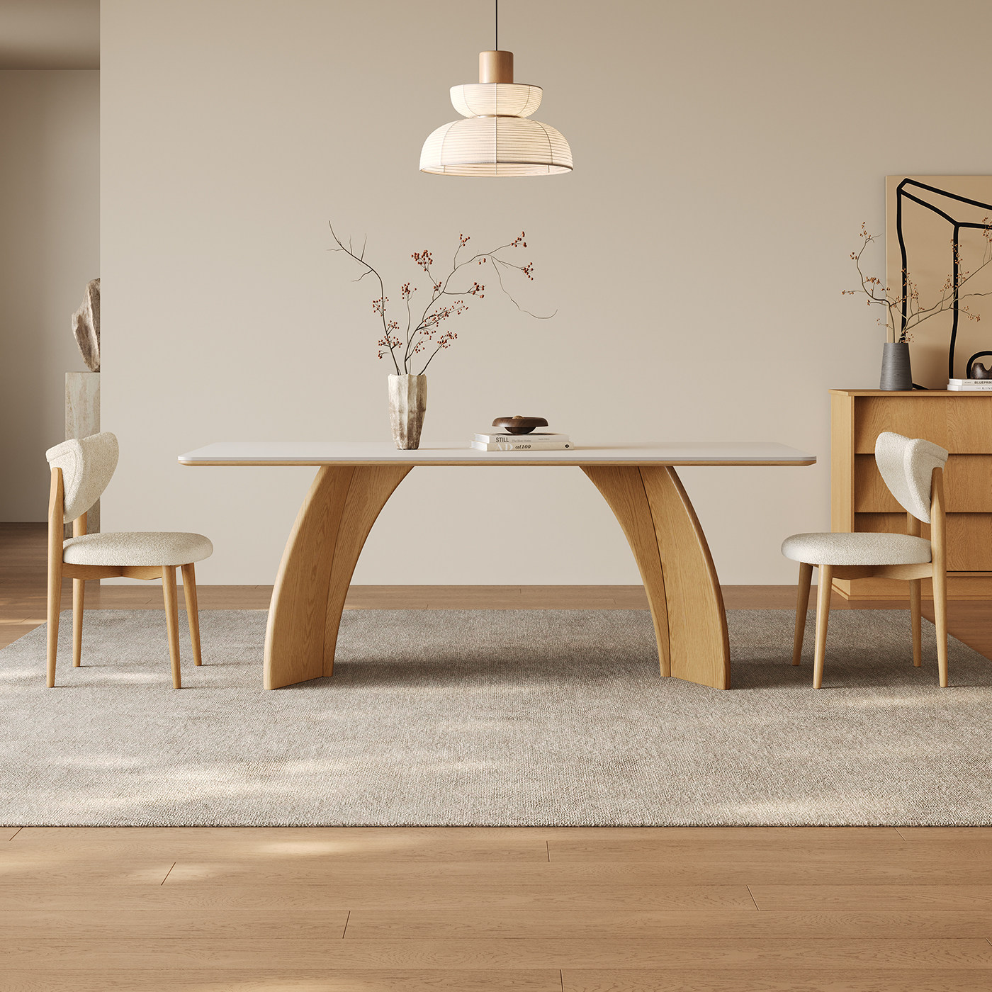 原木风餐桌实木长方形家用日系简约小户型高端玛奇朵白色岩板餐桌