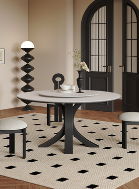 法式岩板餐桌现代简约小户型轻奢高端黑色复古6人圆形餐桌带转盘