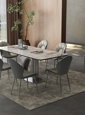 岩板餐桌轻奢高端小户型现代简约全托意式灰色长方形亮光岩板餐桌