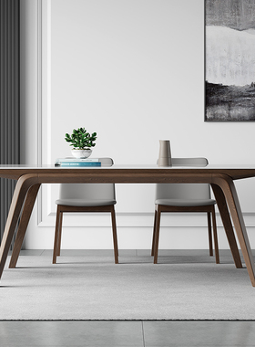 实木岩板餐桌现代简约进口白蜡木实木腿长方形亮光白色岩板餐桌椅