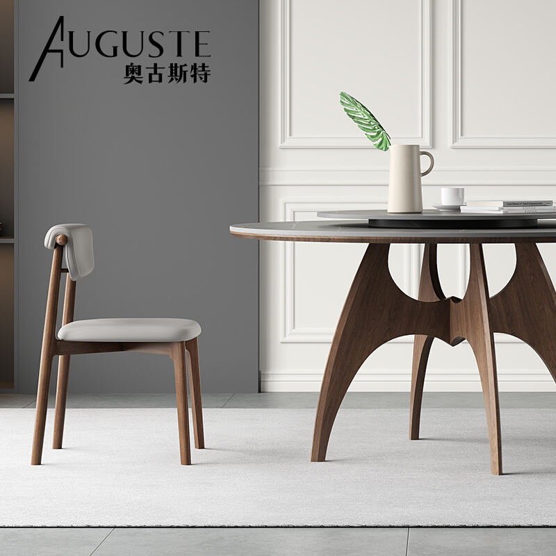 实木圆形餐桌带转盘n侘寂风小户型简约意式极简白蜡木岩板圆桌