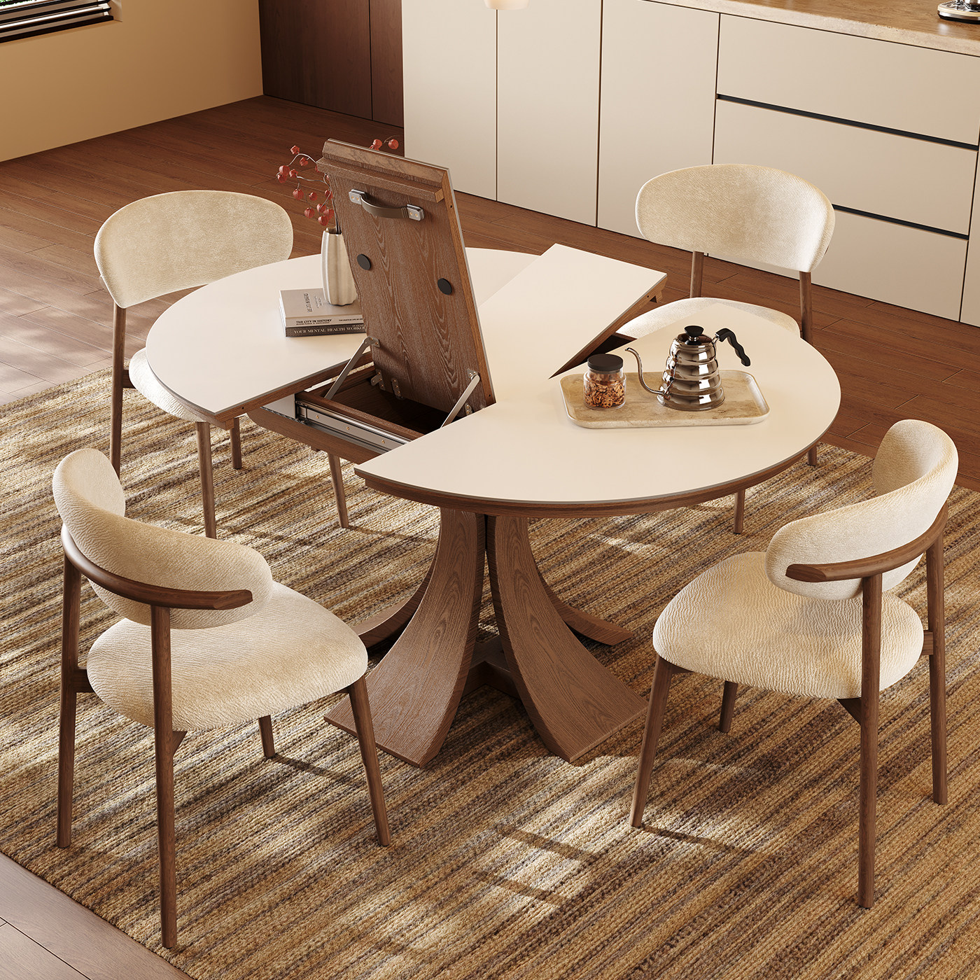 岩板餐桌可伸缩中古风家用小户型折叠长桌现代简约可变圆实木餐桌