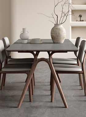 高端实木餐桌轻奢现代简约家用小户型意式北欧灰色哑光岩板餐桌