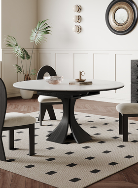 法式复古伸缩岩板餐桌白色家用小户型意式轻奢窈窕圆形实木餐桌