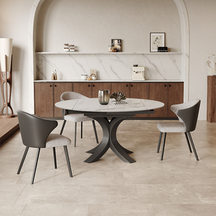 亮面岩板伸缩餐桌小户型家用2025新款 方圆两用8人可折叠圆桌 意式