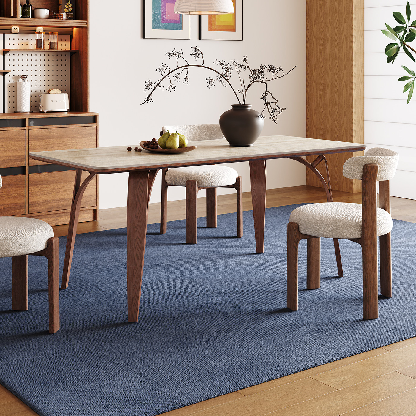 奥古斯特中古风餐桌长方形2026新款川野复古高端洞石岩板实木餐桌