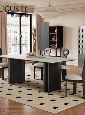 意式实木岩板餐桌简约家用长方形黑色岛台北T欧复古高端餐桌