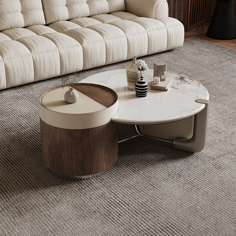 中古风微晶石茶几圆形家用现代简约北欧小户型轻奢带储物茶桌组合