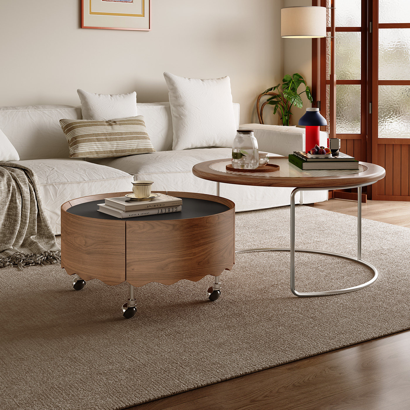 中古风实木圆形移动茶几2026新款客厅家用现代简约包豪斯茶几组合