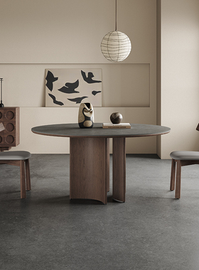 高端实木餐桌半月圆桌带转盘6人侘寂风灰色家用北欧圆形岩板餐桌