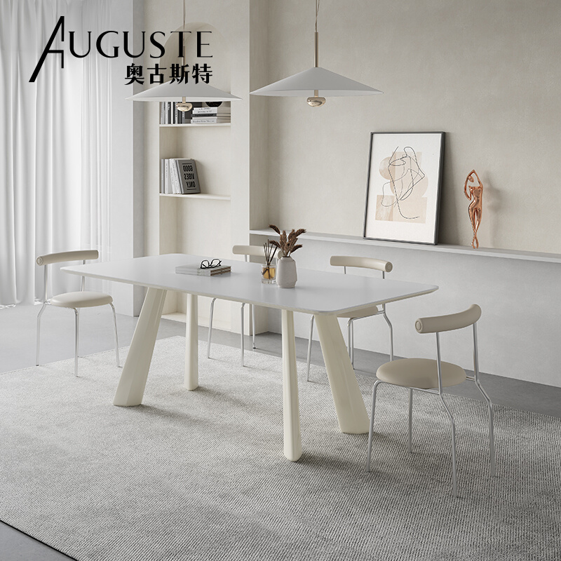 白色岩板餐桌现代简约新款意式极简家用长方形轻奢哑光奶油风餐桌