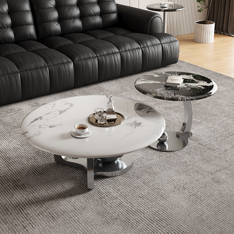 意式极简微晶石茶几边几客厅家用2025新款轻奢大小圆茶几边几组合