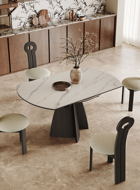 方圆两用岩板餐桌可伸缩小户型黑色意式极简方形变圆形实木餐桌