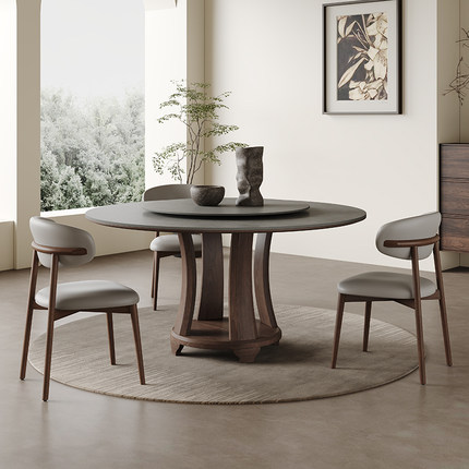 实木圆桌带转盘轻奢高端白蜡木家用灰胡桃色意式极简圆形岩板餐桌