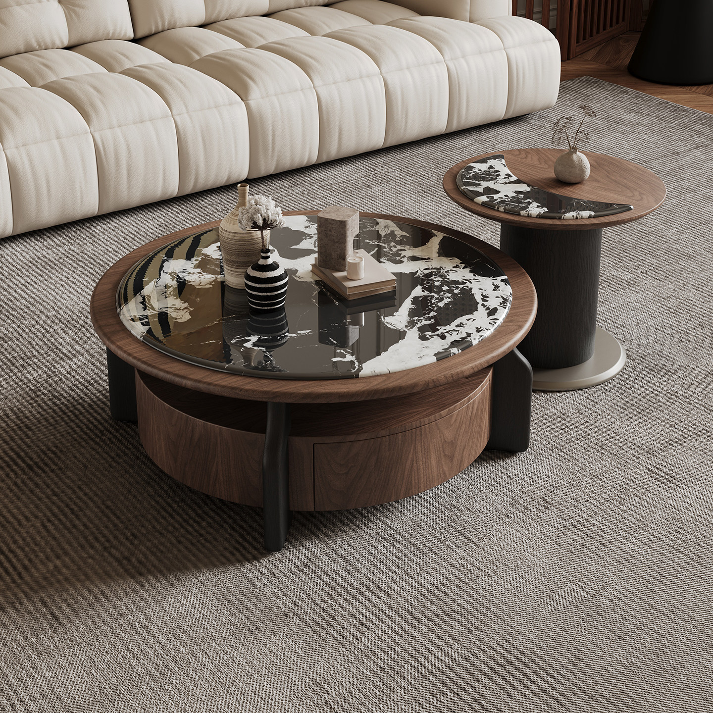 中古风微晶石圆形茶几现代简约轻奢家用胡桃色复古风高低茶几组合