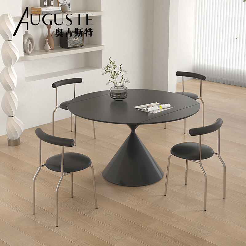 伸缩岩板折叠f餐桌方变圆现代简约小户型华尔兹黑色多功能旋转餐