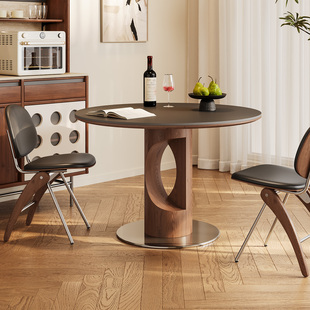 奥古斯特实木餐桌圆桌中古风家用小户型新款1米圆形黑色岩板餐桌