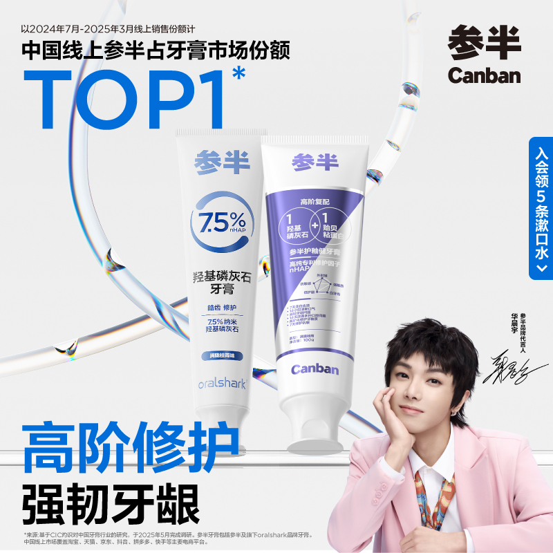 【华晨宇同款】参半羟基磷灰石牙膏护釉健含氟美白抗牙敏感修护