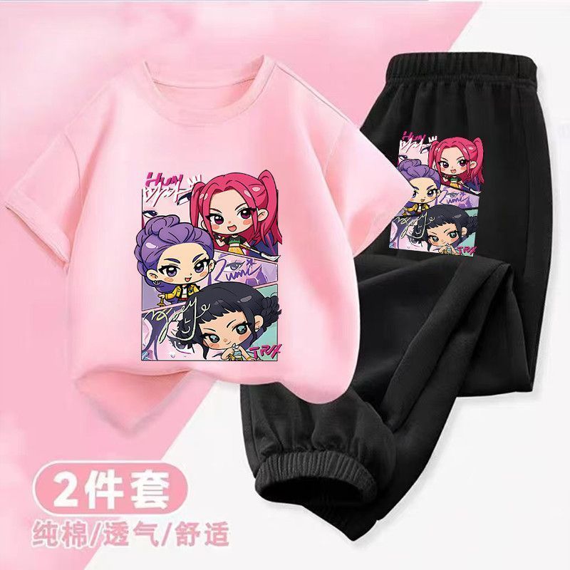 kpop猎魔女团女童套装2026新款夏季纯棉短袖春秋薄款卫裤中大童