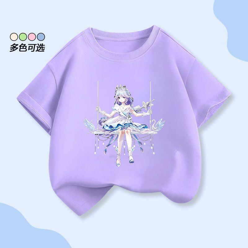 蛋仔派对周边女童纯棉短袖夏季海瑟冠军时装天鹅之羽卡通印花上衣图片
