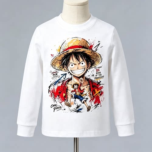 ONE PIECE衣服海贼王路飞长袖T恤秋冬季儿童纯棉打底衫圆领上衣