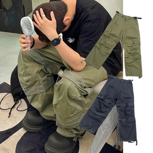 Far archive同款伞兵裤 美式多口袋军绿色直筒机能工装裤男潮裤子