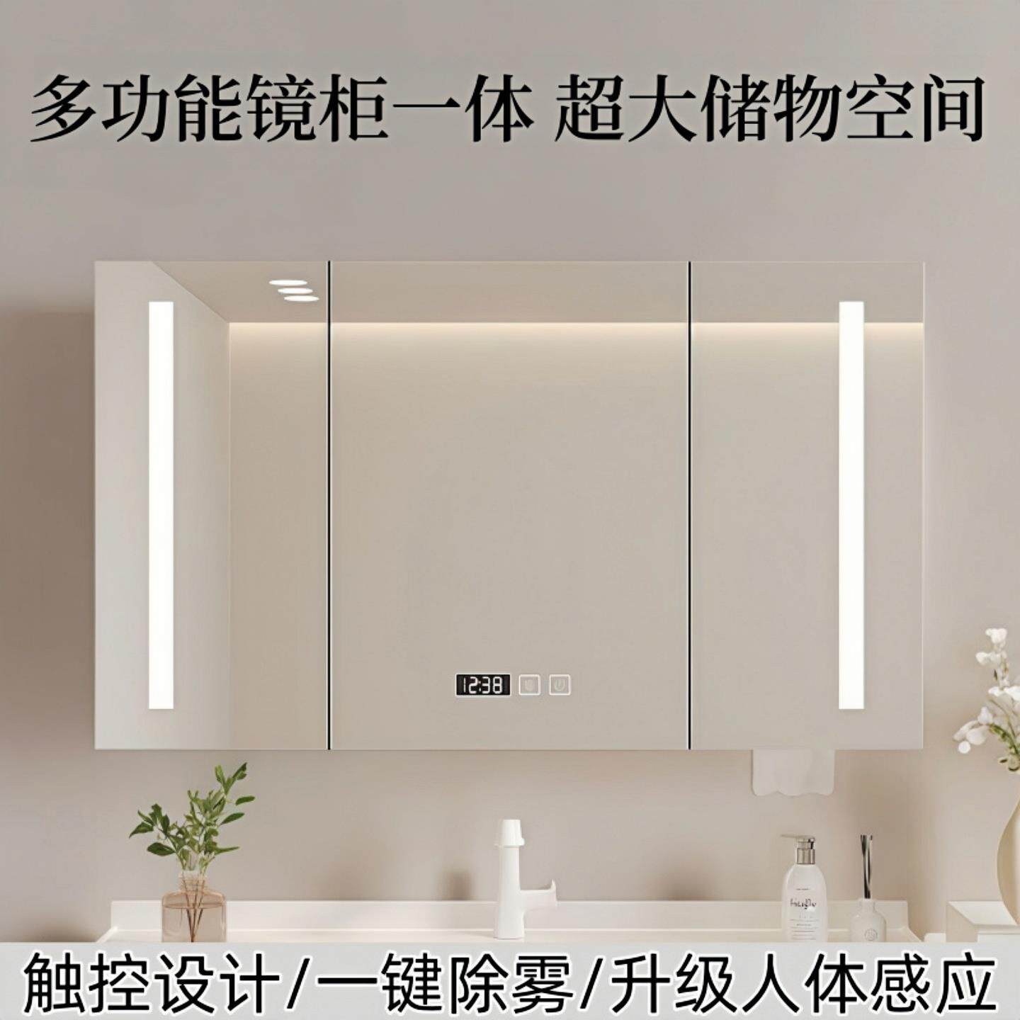 智能浴室镜柜挂墙式实木收纳储物柜卫生间浴室镜置物架洗手间镜子