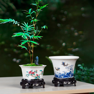 新中式高温陶瓷花盆三足圆形家用文竹菖蒲四方多肉盆栽造景小盆器