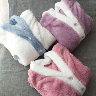 法兰绒长毛毛珊瑚绒加厚长袖睡衣珊瑚绒纯色V领保暖200斤上衣冬季