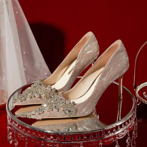金色婚鞋新娘鞋2024新款春夏高跟鞋女细跟主婚纱亮片订婚结水晶鞋