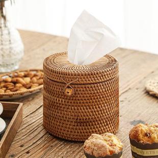 藤编圆纸巾筒卷筒卫生纸盒客厅桌面纸巾盒卷筒纸盒 化妆室收纳盒
