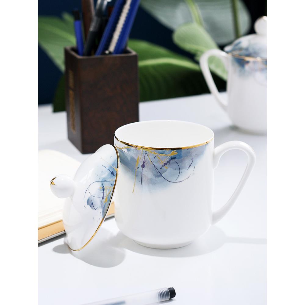 家用礼品盒骨瓷水杯办公茶杯带盖会议杯大容量杯陶瓷盖杯