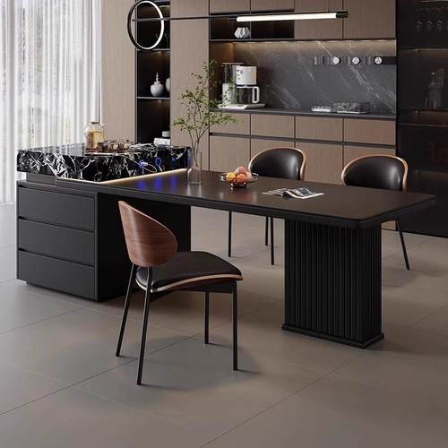 意式岩板岛台餐桌一体小户型家用吧台可伸缩中岛台桌轻奢客厅饭桌