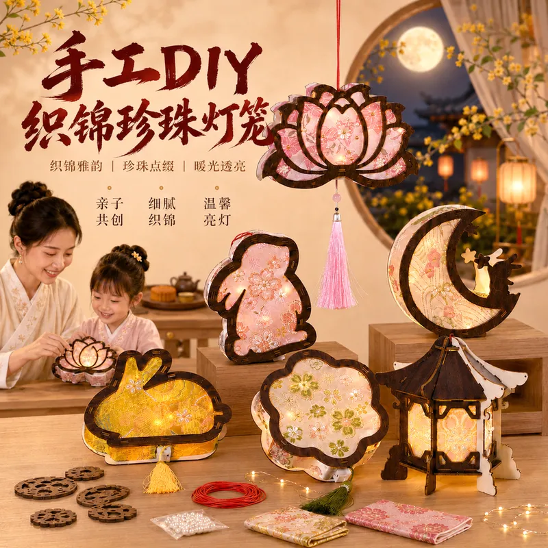 中秋节宋锦灯笼手工diy木质发光手提兔子宫灯手作礼物织锦花灯